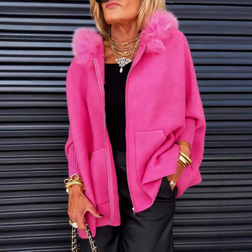 Veste décontractée de couleur unie avec col en fourrure pour femme